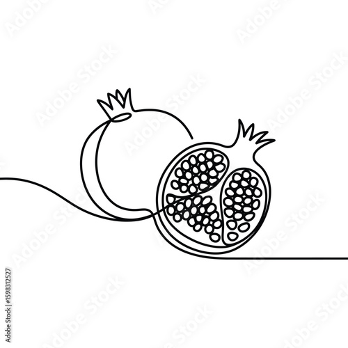 Minimalist single line drawing of a whole and halved pomegranate