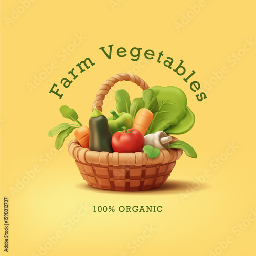 Farm organic realistic vegetables in a basket, 3D. Yellow autumn banner for natural farm vegetables concepts, promotional offers. Vector illustration.