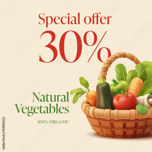 Banner with vegetables in a basket for promotional discounts and offers, 3D. Realistic modern image of farm natural vegetables. Organic, fresh products. Vector illustration.