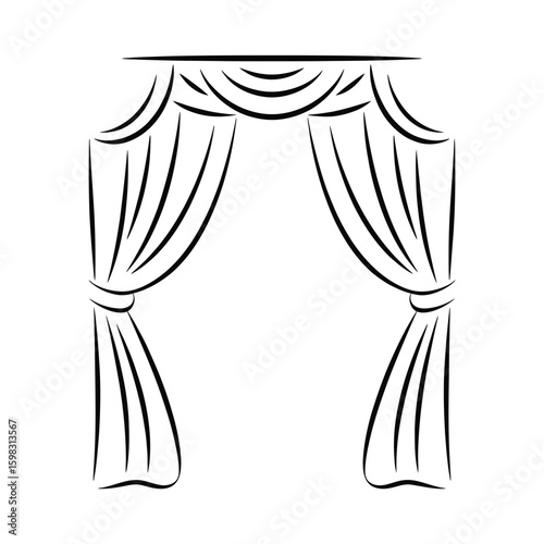 Drawn illustration of an open theater curtain with swags and tiebacks