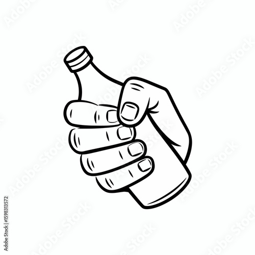 Hand holding a small bottle tightly in a firm grip monochromatic illustration for health and medical themes