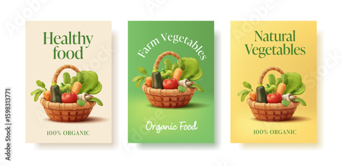 Set of colorful modern posters with realistic vegetables in a basket, 3D. For concepts of advertising and discounts on farm organic vegetables and products. Vector illustration.