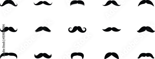 Set of black mustache silhouettes. Collection of various retro and modern male facial hair styles. Moustache vector icons for design.
