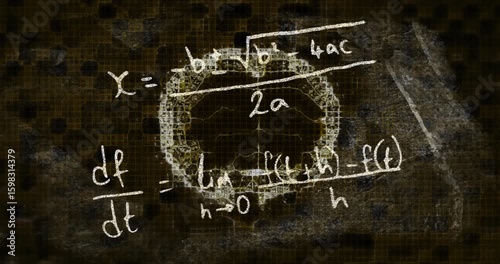 Grid emerging, chalk-style brain glowing, derivative, quadratic formulas sketching, explaining math