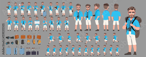 Traveler character model sheet, Character poses, expressions, Walk cycle, Run cycle animated character sequences.
