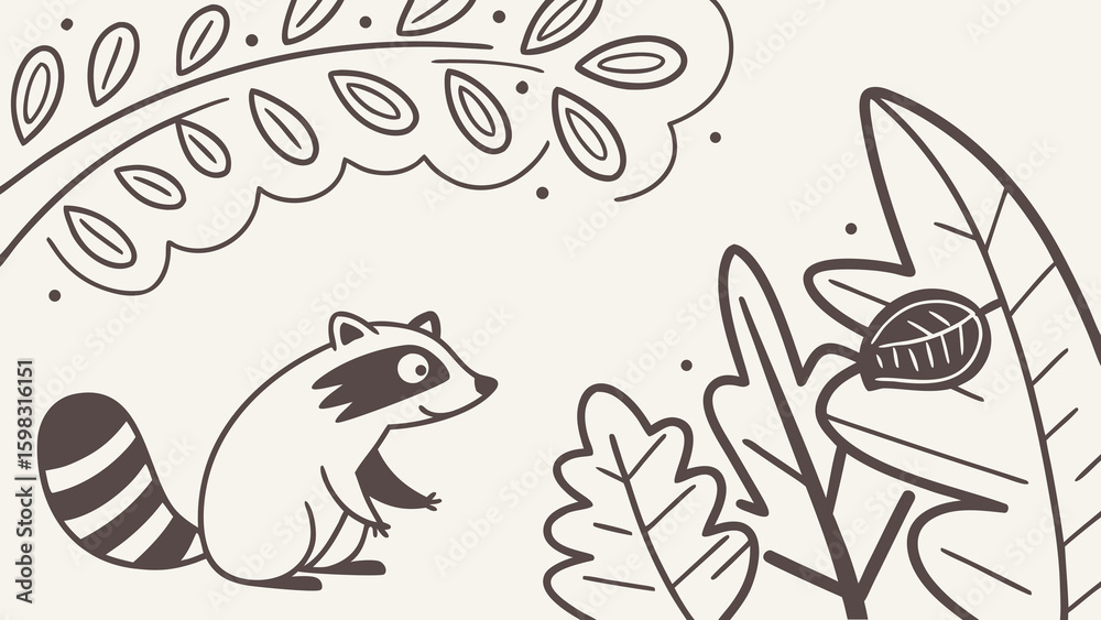 Obraz premium A playful raccoon illustration surrounded by leaves, showcasing nature's charm in a whimsical design.