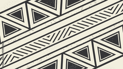 Stylish abstract geometric pattern featuring black triangles and lines on a textured cream background.