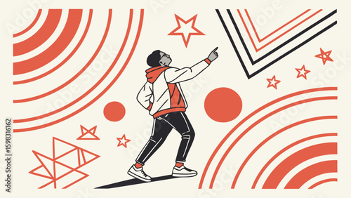 A young Black male teenager in a red hoodie looks up in wonder, surrounded by dynamic geometric and star patterns.