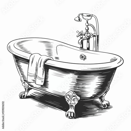 Vintage Clawfoot Bathtub Illustration with Towel and Faucet Detail in Black and White Detailed Artistic Rendering