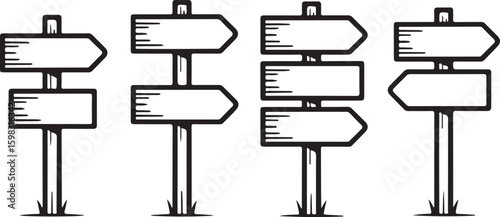 Set of Blank Wooden Direction Signpost Vector Icons