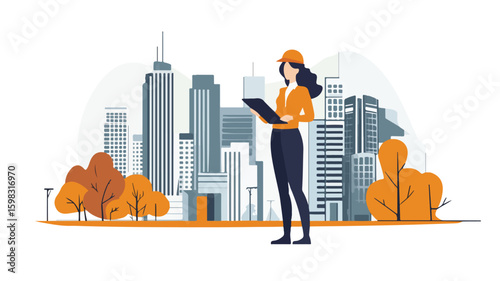 Female Architect Drawing Cityscape - Professional Urban Design Illustration