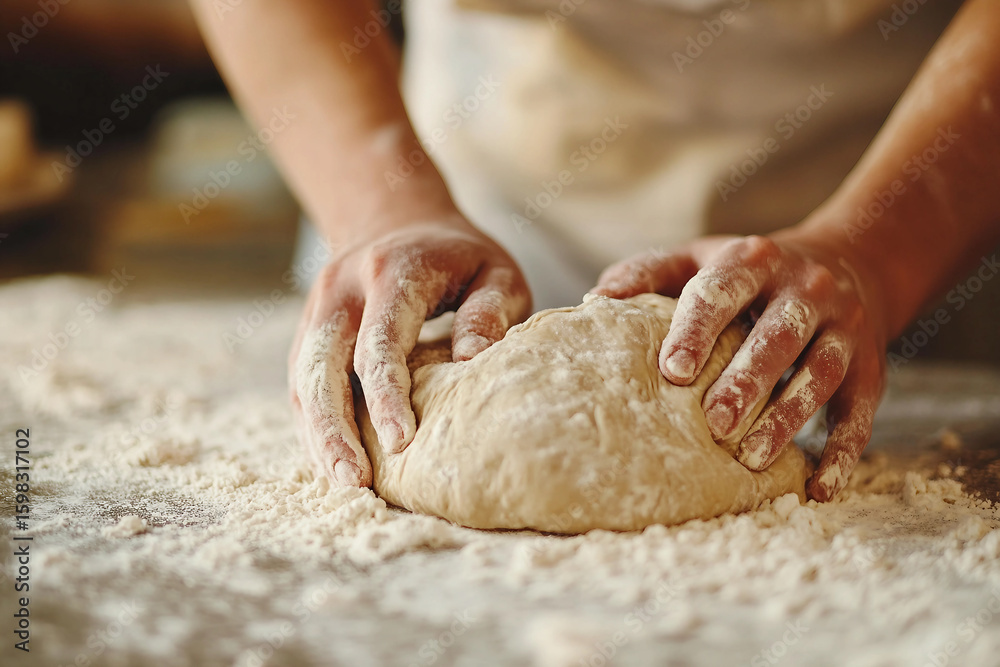 Fototapeta premium Baking Fresh Homemade Bread Kneading Dough Rustic Kitchen Cooking Concept Artisan Bakery Generative AI