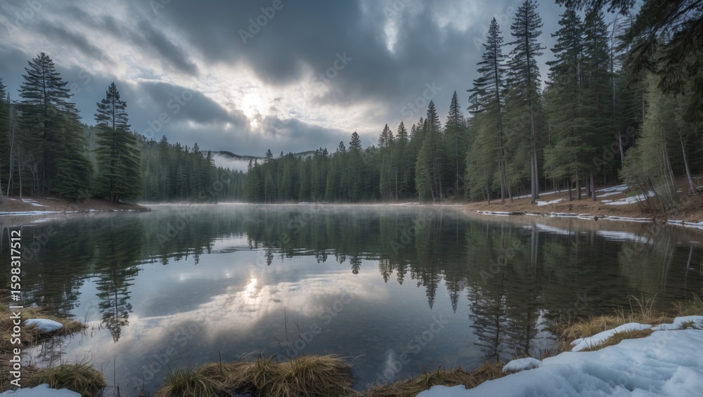 Fototapeta premium A serene lake surrounded by evergreen trees during cloudy weather with snow patches, reflecting the sky and forest.