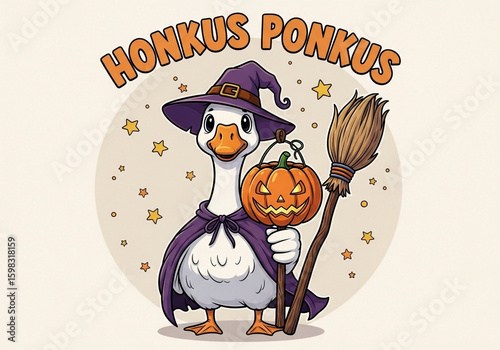 A cartoon goose, dressed as a witch, is depicted in a stylized Halloween graphic