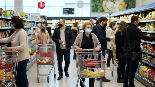 People shopping in grocery store wearing masks