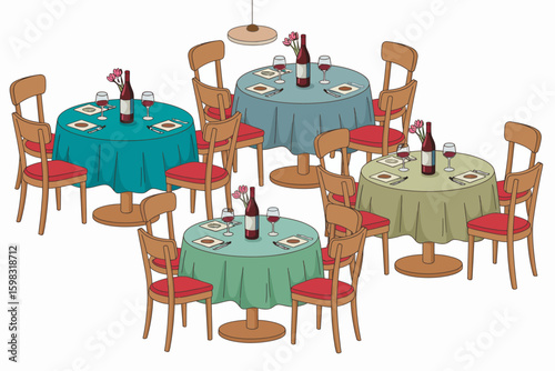 Illustration of an Elegant Restaurant Setup with Multiple Tables Wine Bottles and Chairs Perfect for Fine Dining and Special Occasions