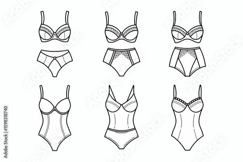 Lingerie Fashion Sketch Set Elegant Underwear Designs for Women Artistic Line Art Illustration of Lingerie Garments