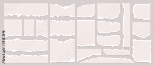 Ripped white newspaper strip, torn paper sheet and grunge notebook background with text message banner and brush stroke texture effect for a realistic sticky note style layout. Adhesive sticker label.