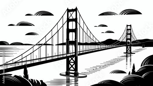 Golden Gate Bridge Black and White Silhouette Iconic San Francisco Landmark Artistic Representation with Clouds and Reflections