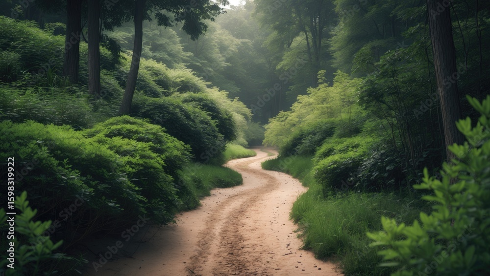 Naklejka premium A dirt path winding through lush green forested scenery.