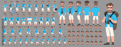 Traveler character model sheet, Character poses, expressions, Walk cycle, Run cycle animated character sequences.