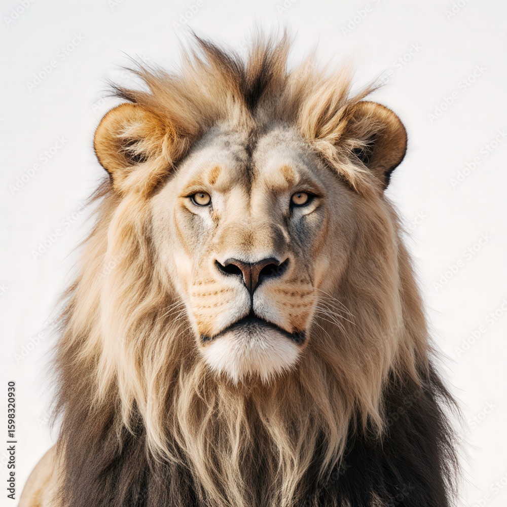 Fototapeta premium Majestic Lion Portrait: A stunning portrait of a regal lion with its magnificent mane, showcasing its strength and captivating gaze, against a studio setting.