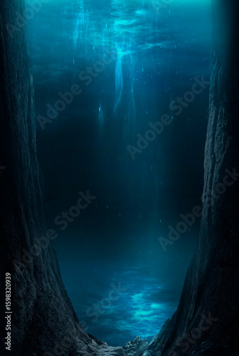 Dark sea bottom, underwater cave, water.