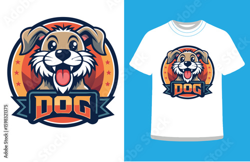Energetic Cartoon Dog Mascot Badge T-Shirt Design.