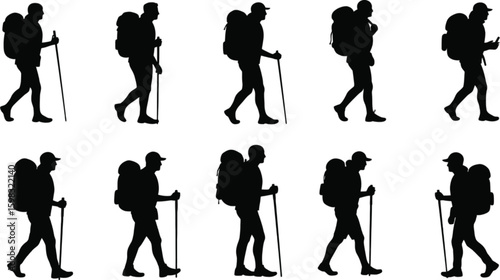 Vector art of silhouettes of hikers with backpacks and trekking poles walking, isolated on white background