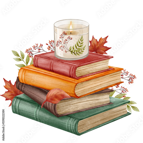A burning candle stands on a stack of books surrounded by fall decor. The illustration is done in watercolor style with soft textures and warm atmosphere of coziness and privacy.