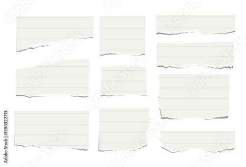 Set of torn pieces of lined paper isolated on a white background. Paper collage. Vector illustration.