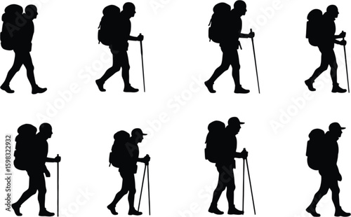 Vector art of silhouettes of hikers with backpacks and trekking poles walking on a white background