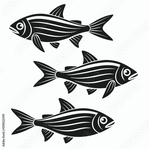Three Black Zebrafish Silhouettes Vector Flat Fish Set
