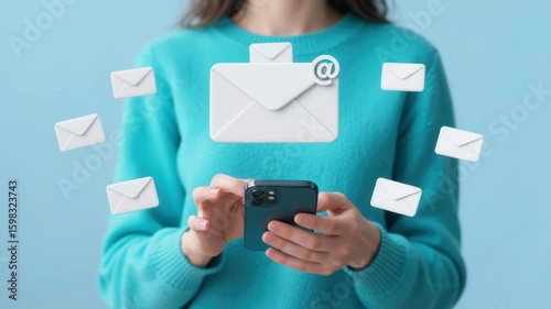 Woman checking email notifications on smartphone with digital envelope icons on blue background.