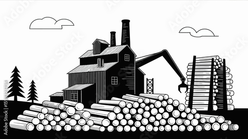 Black and White Illustration of a Lumber Mill with Stacks of Logs and Crane under a Cloudy Sky