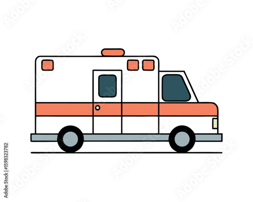 Ambulance Side View Line Art Vector Illustration in Black and White