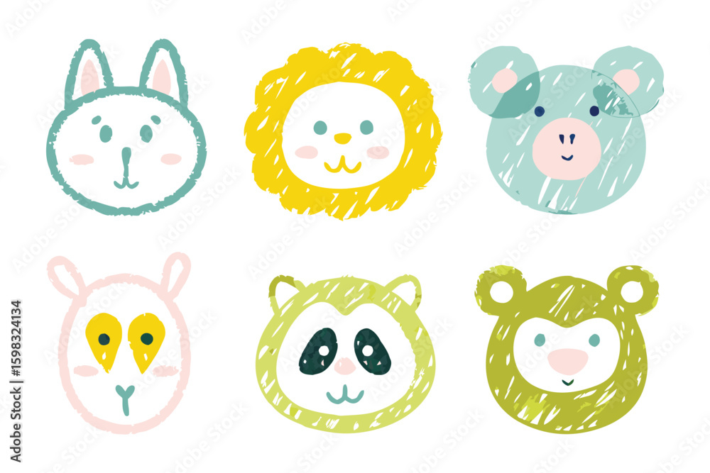 Obraz premium Animal Face Pastel Illustration: Adorable and artistic pastel illustrations of diverse animal faces, showcasing a charming collection of unique characters.