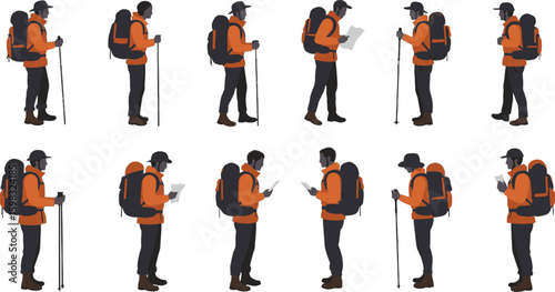 Vector art of a hiker with a backpack and trekking pole is walking and reading, isolated on white background