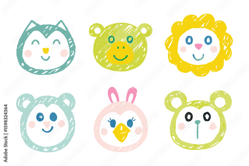 Fototapeta premium Charming Animal Caricatures: A delightful collection of hand-drawn animal faces. Featuring cute, whimsical drawings of a wolf, bear, lion, monkey, penguin, and bear.