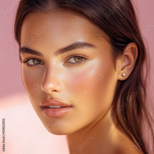 Close up portrait of a beautiful woman with glowing skin and makeup
