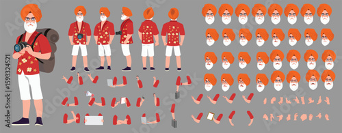 Traveler character model sheet, Character poses, expressions, Walk cycle, Run cycle animated character sequences.