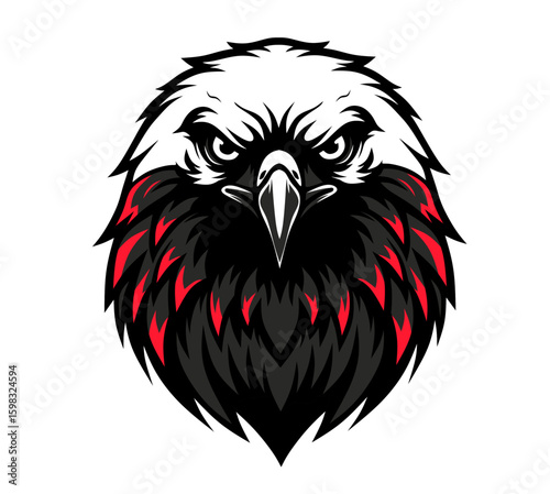 Aggressive eagle head mascot vector illustration. Fierce bird of prey emblem with red and black feathers for a sports team or esports logo.