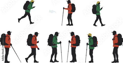 Vector art of a hiker with a backpack and trekking pole is walking, isolated on white background