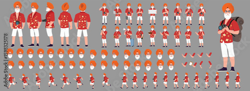 Traveler character model sheet, Character poses, expressions, Walk cycle, Run cycle animated character sequences.
