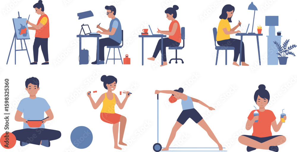Fototapeta premium Vector art of diverse group of people working, painting, exercising, and eating at home, isolated on white background