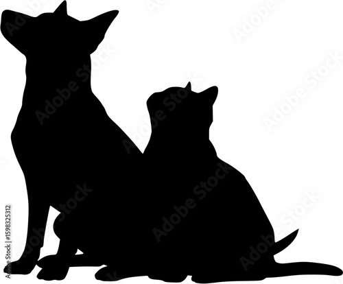 Dog and Cat, sitting looking up, isolated silhouette vector illustration
