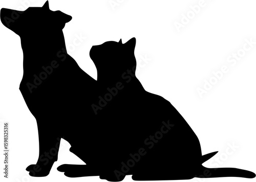 Dog and Cat, sitting looking up, isolated silhouette vector illustration
