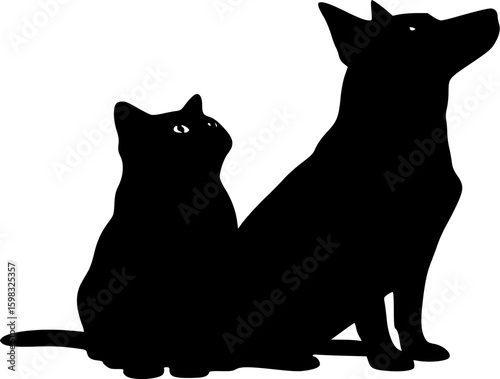 Dog and Cat, sitting looking up, isolated silhouette vector illustration
