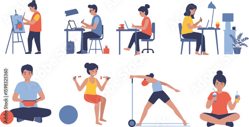 Vector art of diverse group of people working, painting, exercising, and eating at home, isolated on white background