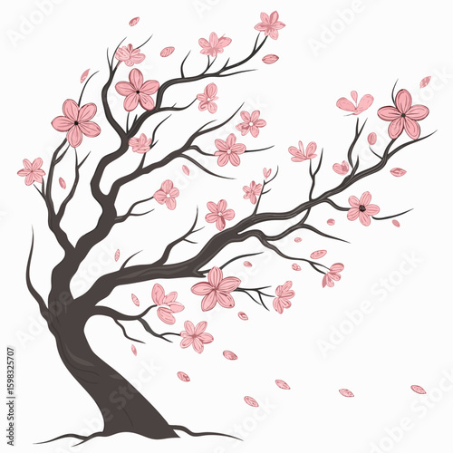 Delicate sakura blossom tree blowing in the wind on white background